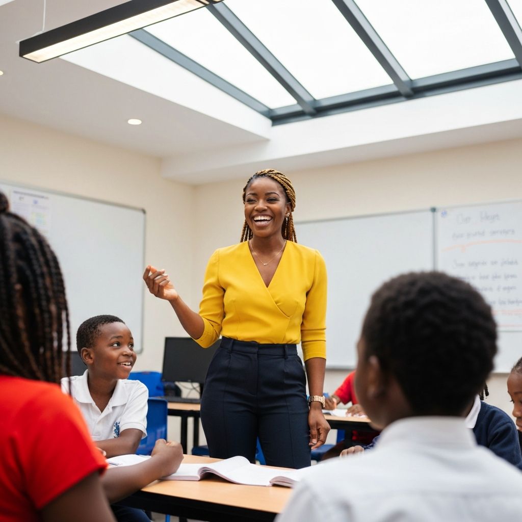 Professional Black teacher helping students in Ghana